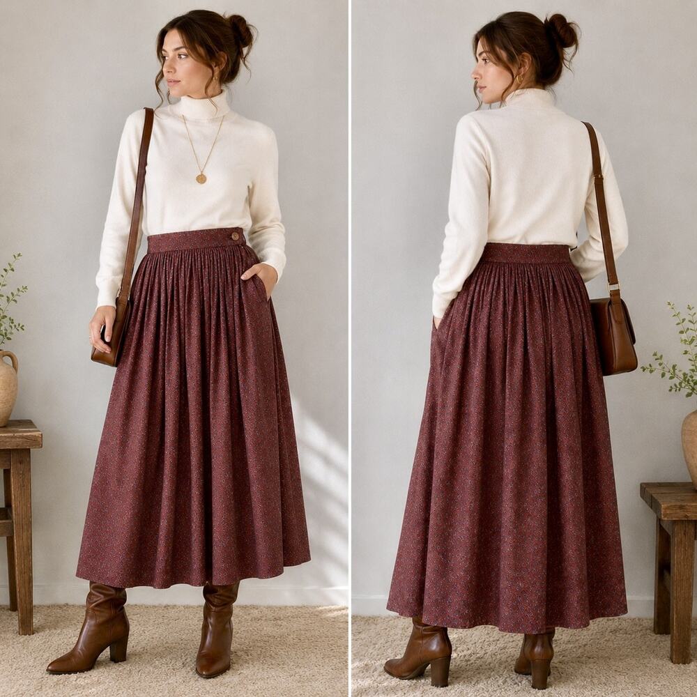 Vintage 80s Ralph Lauren Silk Pleated Maxi Skirt Paisley ILGWU USA 8 M Country